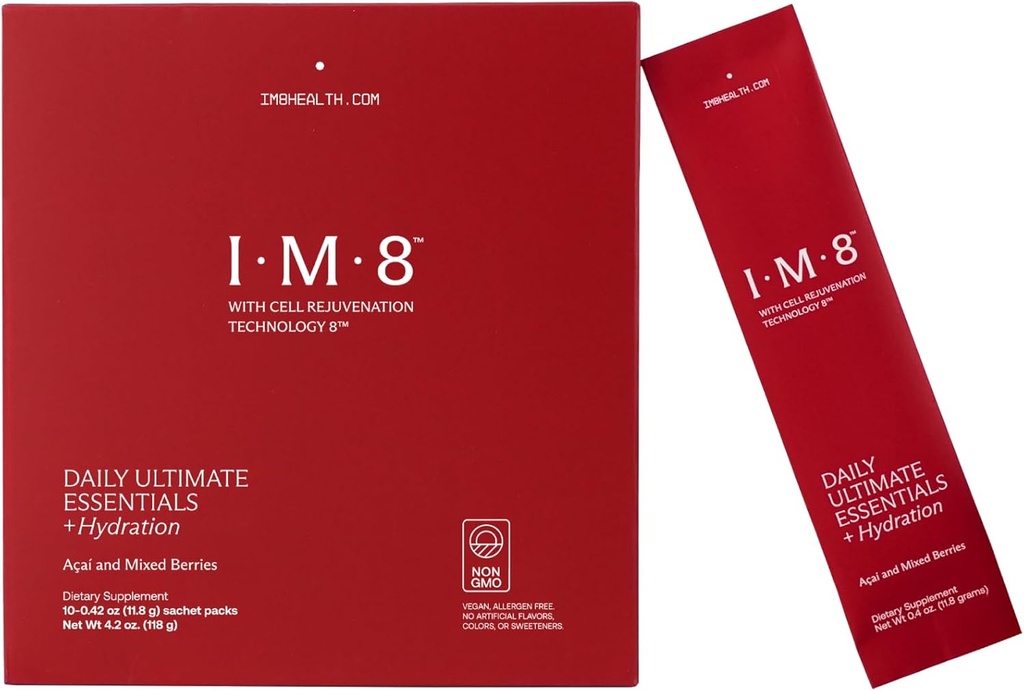 IM8毎日の究極のエッセンシャルオールインワンマルチビタミンサプリメント、92栄養素豊富な成分CoQ10、プロバイオティクス、ビタミン、グリーン、グルテンフリー、ビーガン、アサイミックスベリー(10給、旅行パック)