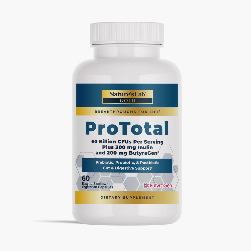 Nature's Lab Gold ProTotal - 60 Billion CFU Probiotic、Prebiotic、Postbiotic、Synbiotic - Butyragen(Direct Butyrate Generator)60 Ct