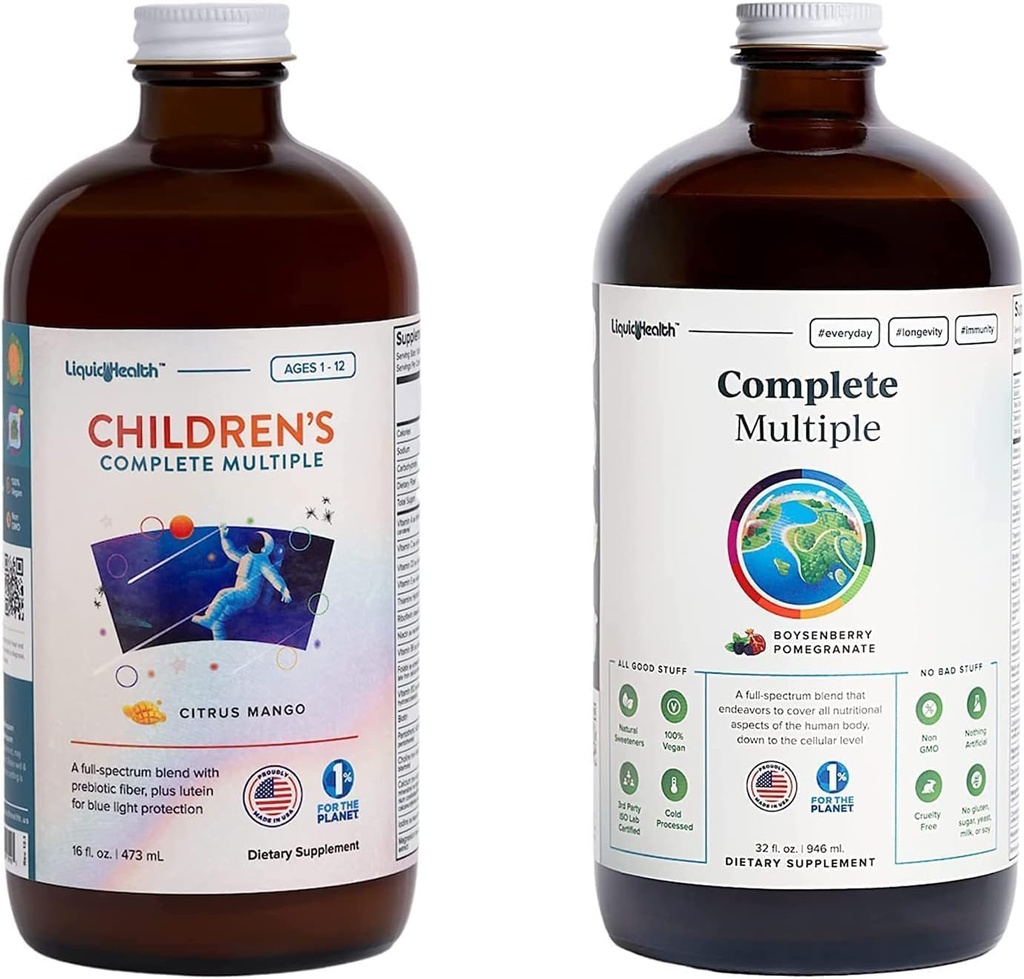 LIQUIDHEALTH Adult Complete Multiple & Children's Complete Multiple Daily Liquid Multivitamin Bundle for Family - Support Overall Health, Boost Immune System - Made in USA, Whole Foods, Vegan, Non-GMO