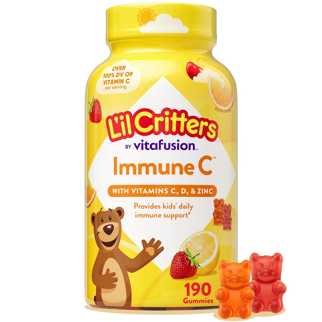 L’il Critters Immune C Daily Gummy Supplement Vitamin for Kids、ビタミンC、D、Gin for Immune Support、オレンジ、レモン、イチゴ、チェリーフレーバー、190 Gummies(パッケージ5月Vary)