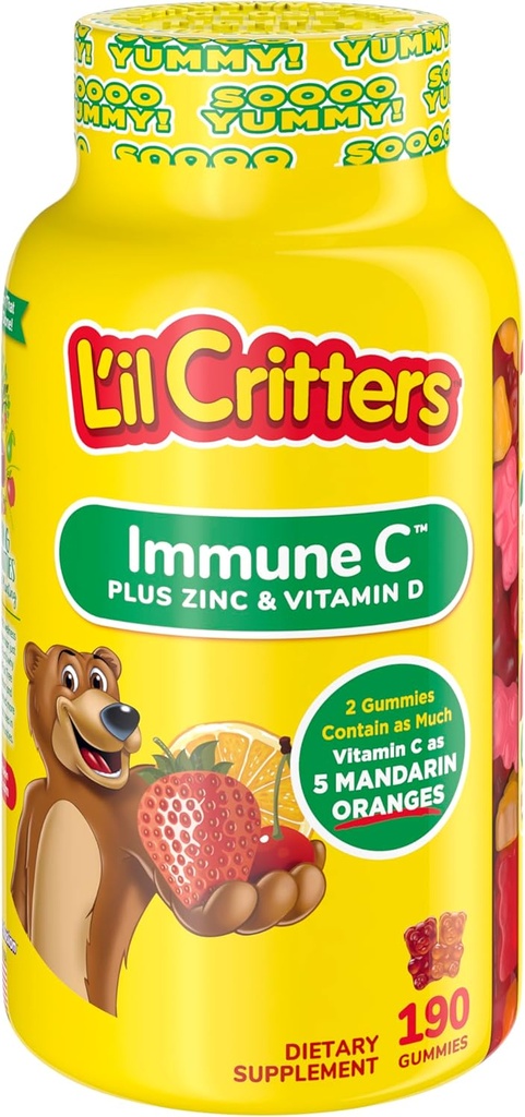 L’il Critters Immune C Daily Gummy Supplement Vitamin for Kids、ビタミンC、D、Gin for Immune Support、オレンジ、レモン、イチゴ、チェリーフレーバー、190 Gummies(パッケージ5月Vary)