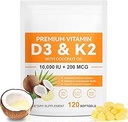 120 Softgels Vitamin D3 K2 10000IU 200MCG - Coconut Oil - Support Immune, Heart Health - Maintains Cardiovascular Health - Superior Absorption- Easy to Swallow