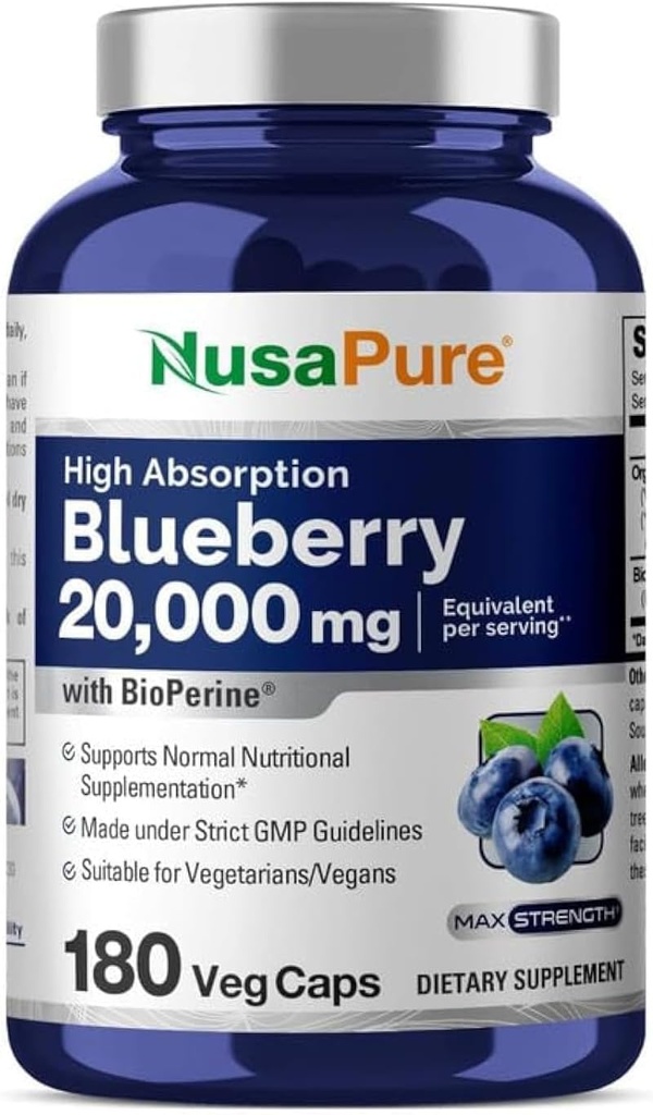 NusaPure Blueberry Concentrate 20,000mg - 180 Veggie Powder caps (Extract 30:1, 100% Vegetarian, Non-GMO)