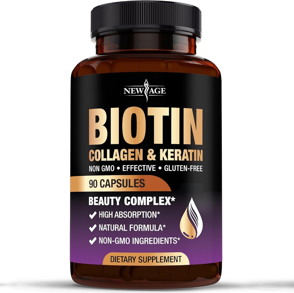 NEW AGE Biotin Collagen Keratin Hyaluronic Acid - 50,000mcg Hair Growth Vitamins for Men and Women, Nails, Hair, Skin Vitamins and DHT Blocker with Vitamin E Folic Acid Pumpkin Seed MSM - 90 Count