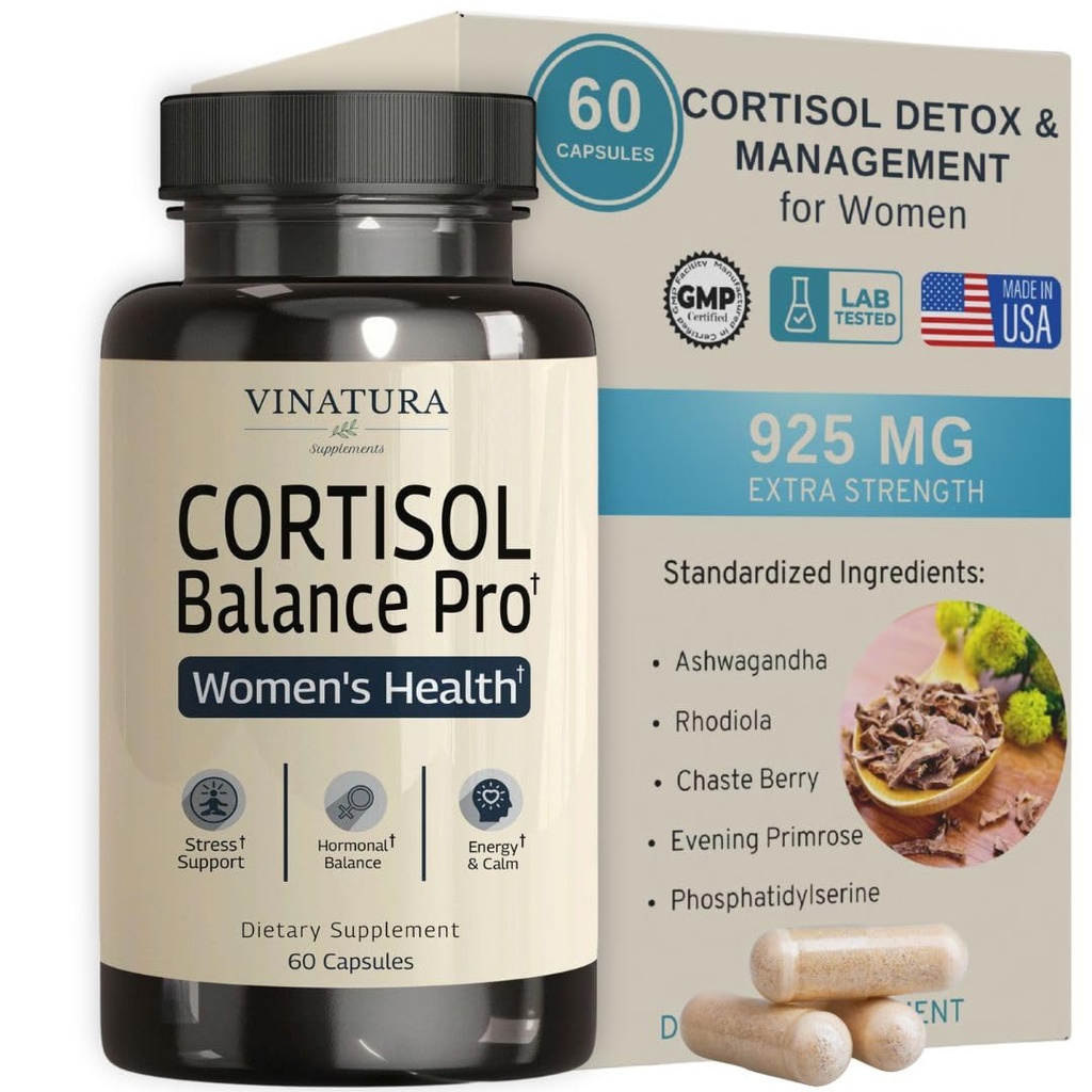 VINATURA Cortisol Supplements for Women - Cortisol Detox and Management - Adrenal Support, Stress Support, 60 Vegan Capsules