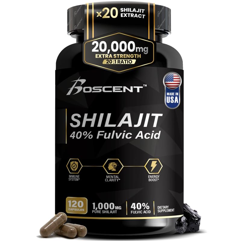 シラジットカプセル20,000mg - 男性と女性のための純粋なヒマラヤシラジット - 樹脂と同じ - 85 +トレースミネラルとフルヴィク酸サプリメント - 高効力の自然エネルギー - 120ビーガンカプセル