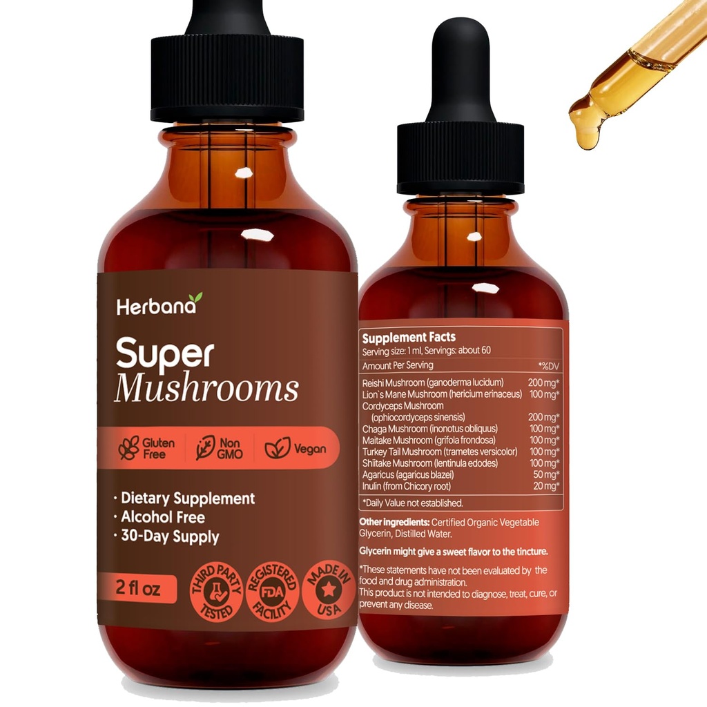 スーパーマッシュルーム 8-in1 - 2 の fl oz 液体エキス - 脳ブースター & 免疫サポート ドロップ - Reishi、ライオンの男、コルディセプ、Chaga、Mitake、トルコの尾、椎茸、アガリカス - 高い効力 - 45 日の供給
