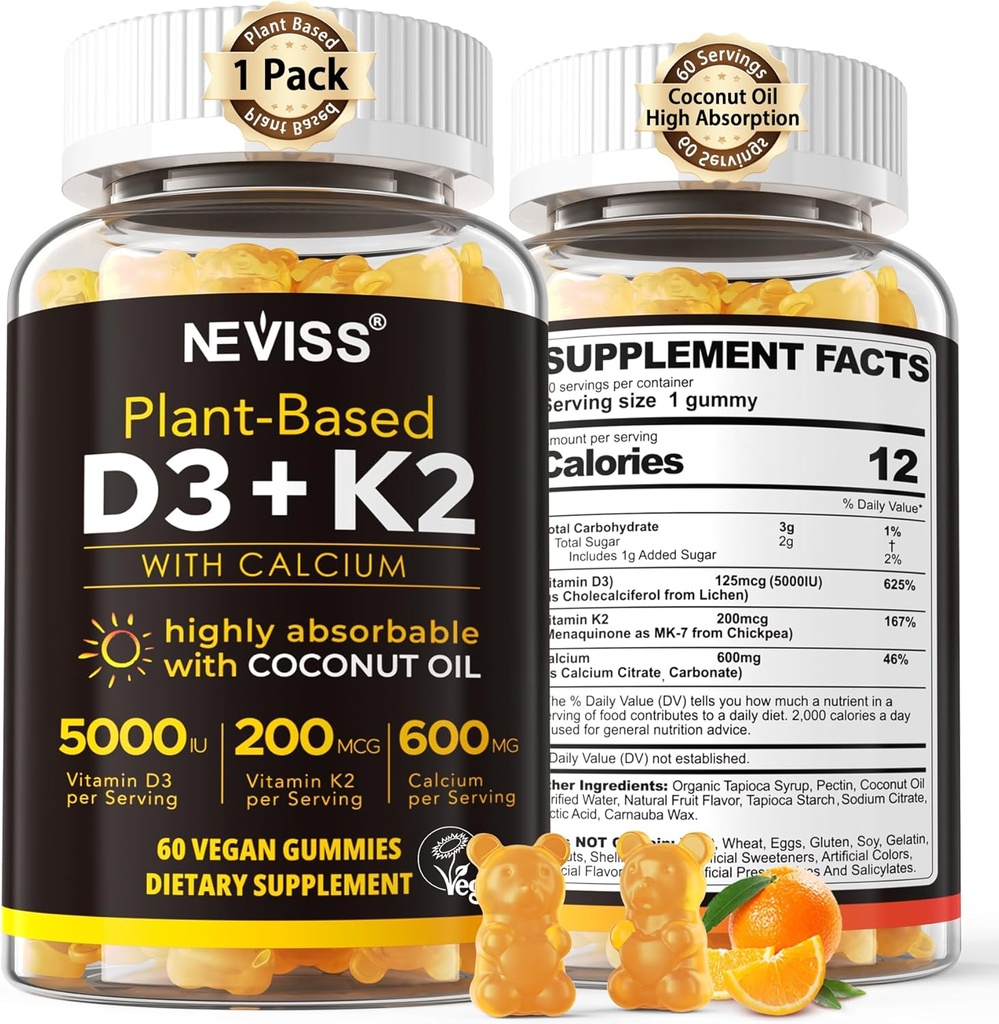 ビタミンD3 5000iu及びK2 (MK7として) 200mcg Gummies + 600mg Calcium、高い吸収のためのココナッツ オイルを使って、最高の強さのビタミンD3 K2の補足-骨の筋肉歯の免疫、ビーガン60の計算のためのサポート