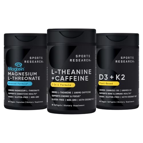 スポーツ研究MagteinマグネシウムL-Threonateカプセル(2000mg、90カプセル)、ビーガンビタミンD3 + K2 w /有機ココナッツオイル(5000iu VIT。 D 100mcg Mk7 VIT。 K、60 Softgels)とL-Theanine(200mg、60カラット)