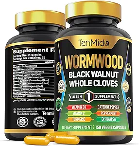 Wormwood Capsules Supplement for Men and Women, 10in1 Formula with Black Walnut, Whole Cloves, Turmeric, Cayenne Pepper & More - Digestive, Immune Support - Nutrient Rich - 150 Capsules