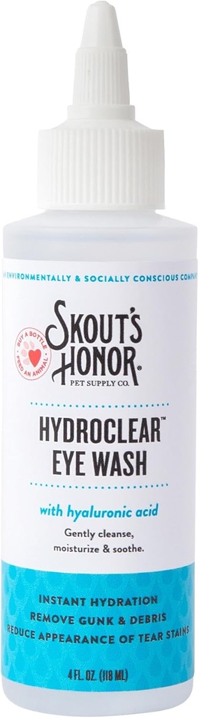 SKOUT'S HONOR HydroClear Eye Wash with Hyaluronic Acid, 4oz Bottle - Non-Medicated, Daily Eye Care for Dogs & Cats