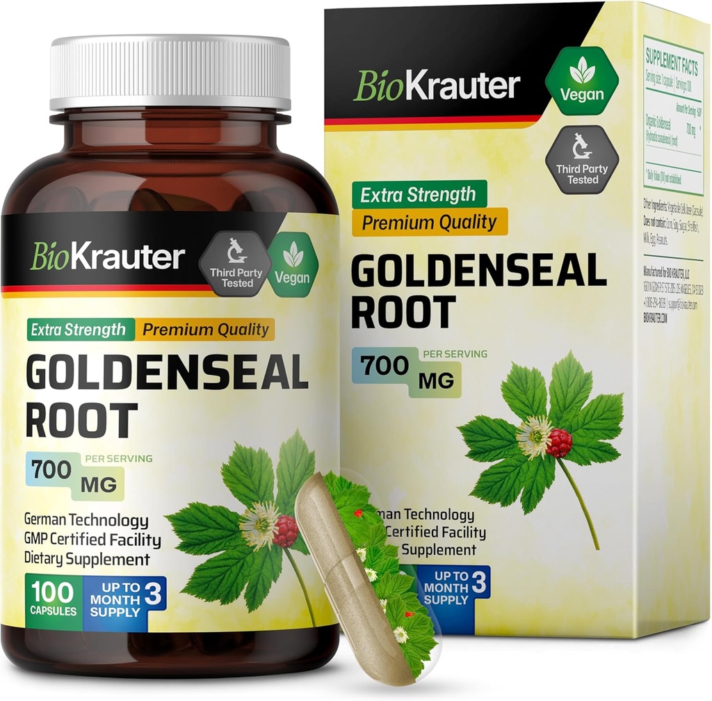 BIO KRAUTER ゴールデンシール ルート カプセル 700 mg - 100 ゴールデン シール パウダー キャップ - 呼吸器 & 消化管サポート - 完全菜食主義者の, 充填剤なし