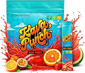 KAVA PUNCHリラクゼーションドリンクミックス – ストレスリリーフのためのカバカバエキス付き12スティックパックポーチ | 非アルコール、低カロリー、健康的な代替飲料 | ポータブルアルコールフリーバズドリンク