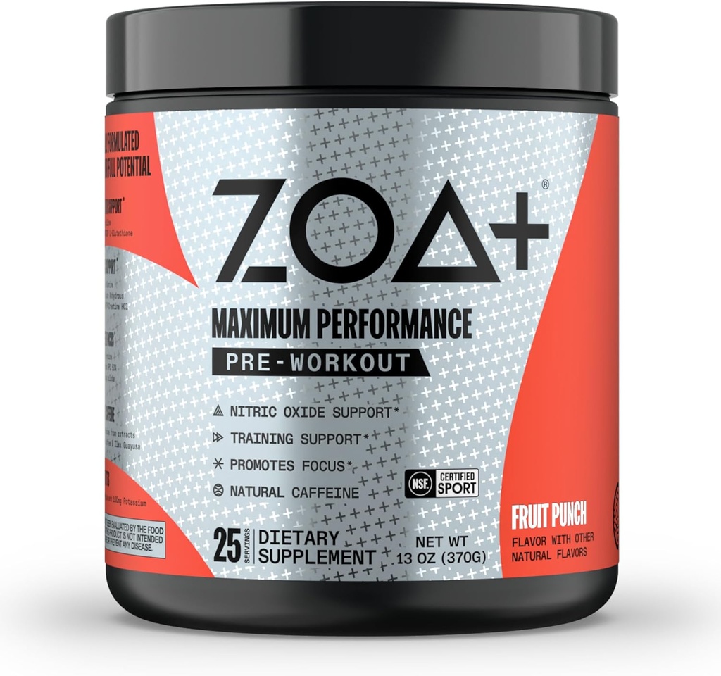 ZOA+ Zero Sugar Pre Workout Powder, Fruit Punch - NSF Certified for Sport with Electrolytes, Creatine, Beta Alanine, Ginkgo Biloba, 200mg Caffeine - 25 Servings