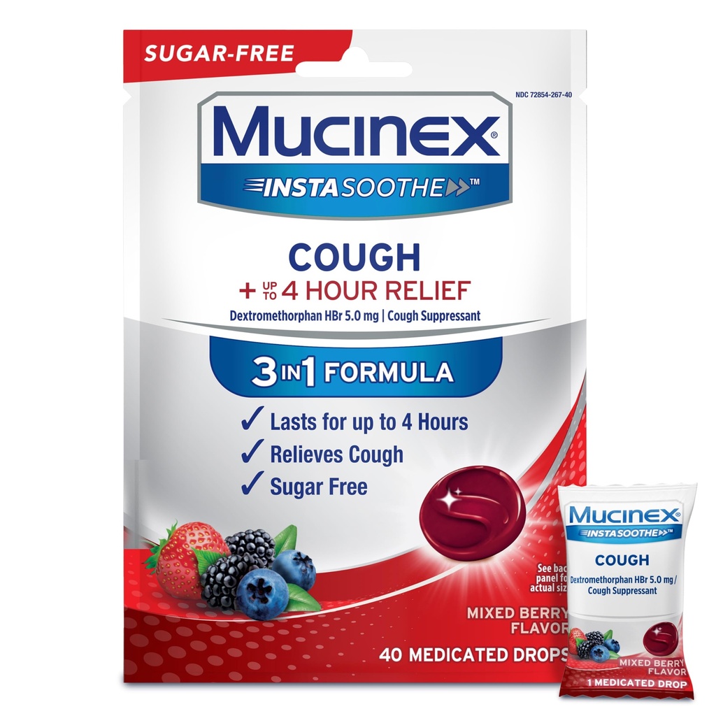 Mucinex Instasoothe 砂糖の自由な咳の低下、Dextromethorphan HBr、非 Menthol の咳の低下、咳の抑制剤のロゼンジ、混合された果実の薬の咳の低下、40ct の大人のための咳の薬