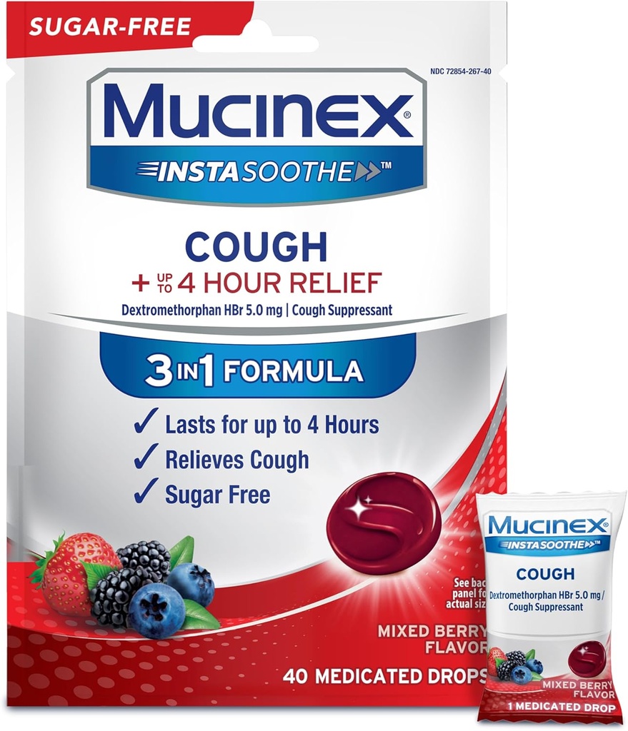 Mucinex Instasoothe Sugar Free Cough Drops, Cough Medicine for Adults with Dextromethorphan HBr, Non Menthol Cough Drops, Cough Suppressant Lozenges, Mixed Berry Medicated Cough Drops, 40ct