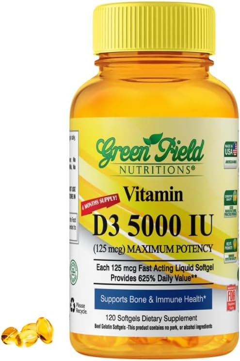 Greenfield Nutritions Halal Vitamin D - ハラールビタミンD3 5000 IU Softgel(125 mcg)、High Potency 120 Unflavored Softgels - 牛肉のゼラチンD3ハラールビタミン、免疫骨の歯の脳と髪をサポート