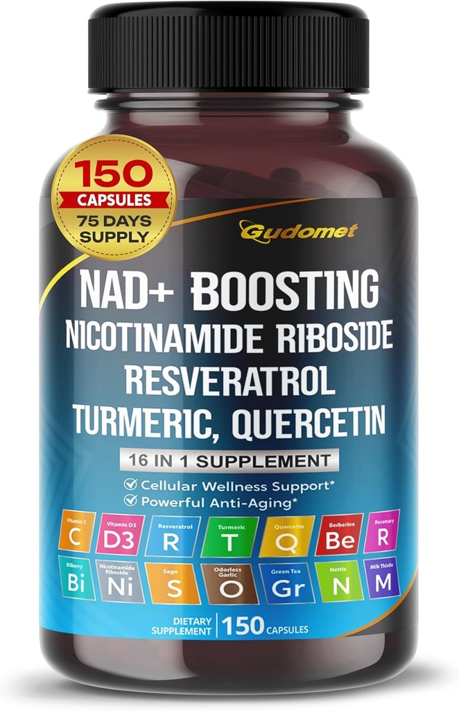 NAD + Boosting Trans-Resveratrol ターメリック ケルセチン ローズマリー ビルベリー セージ グリーン ティー オレガノ イラクサ ミルク パイパー -150 カプセル - アメリカ製