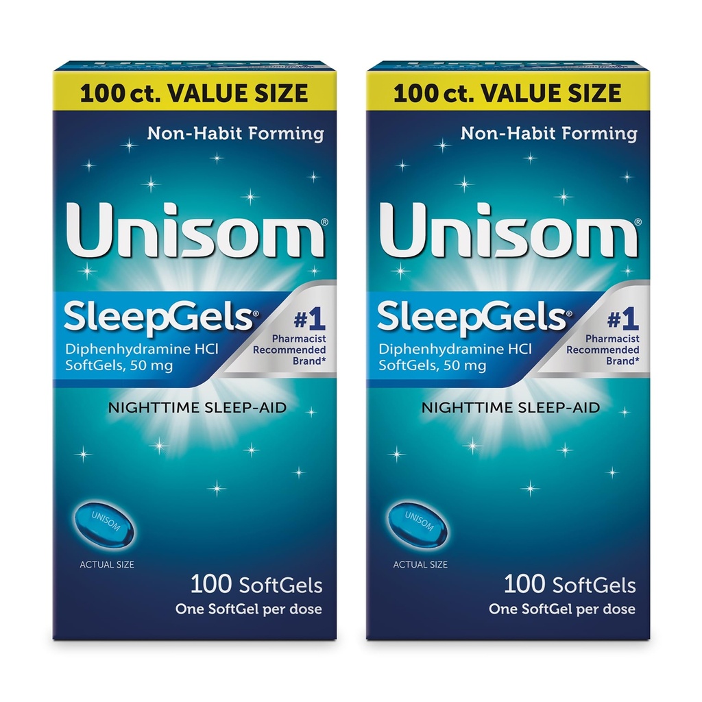 Unisom Nighttime Sleep-Aid Gels, Diphenhydramine HCI, 100 Count (Pack of 2)