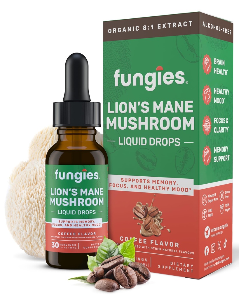 Fungies ライオンのマネのきのこの液体の低下、コーヒー-ライオンズのマネのエキスが付いているチンキは頭脳の霧、焦点、記憶及び健康な気分-大人のためのマッシュルームの複雑な補足- 30のサービングを支えます
