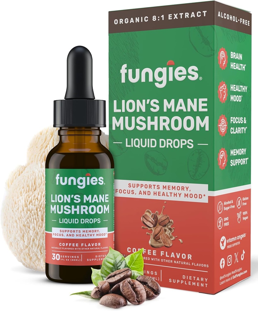 Fungies Lion's Mane Mushroom Liquid Drops, Coffee - Tincture with Lions Mane Extract Supports Brain Fog, Focus, Memory & Healthy Mood - Mushroom Complex Supplement for Adults - 30 Servings