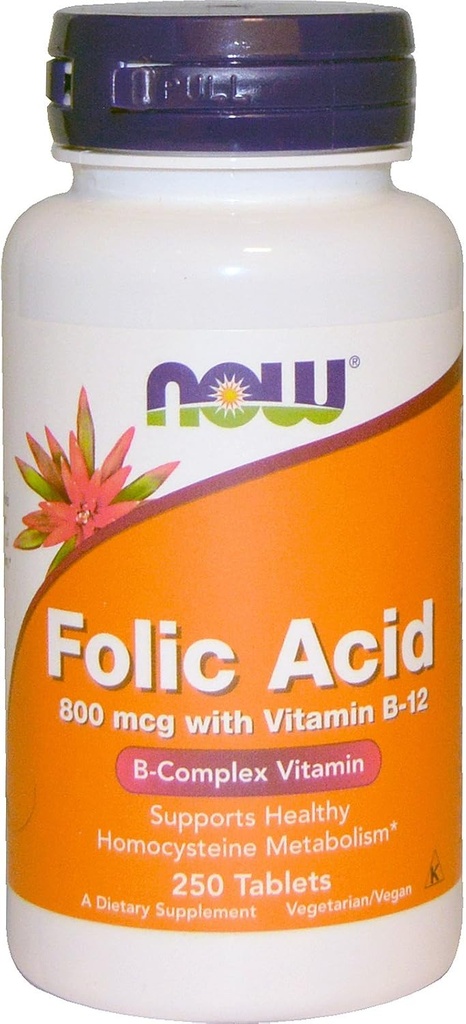 NOW Folic Acid 800mcg, 250 Tablets (Pack of 4)