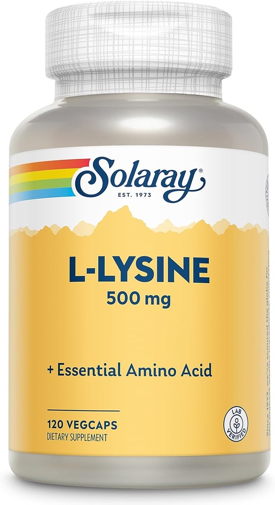 SOLARAY L Lysine 500 mg Capsules - Free-Form Essential Amino Acids Supplement - Powerful Wellness Support with L-Lysine Amino Acid - Lab Verified, 60-Day Guarantee, 120 Servings, 120 VegCaps