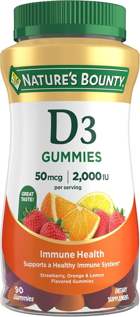Nature's Bounty Vitamin D3グミー、ビタミンサプリメント、免疫健康、50mcg、2000IU、混合フルーツ味、90グミ