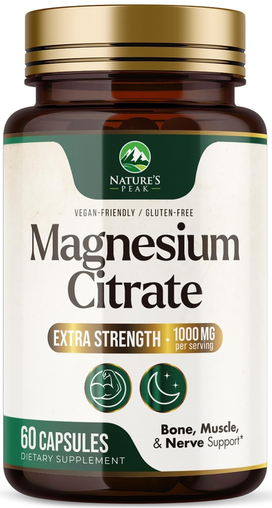 マグネシウムのクエン酸塩1000mg - 高吸収マグネシウムの補足は筋肉、骨、神経及び中心の健康-余分強さのMagnesioの複雑な丸薬-非GMOの優れたエネルギー方式- 60のカプセルを支えます