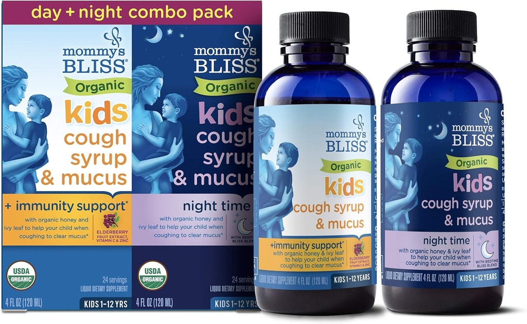 Mommy's Bliss Organic Cough Syrup & Mucus for Kids, Day and Night Combo Pack with Vitamin C and Immunity Support オーガニックハニーとアイビーリーフ、4 Fl Oz(パック 2)