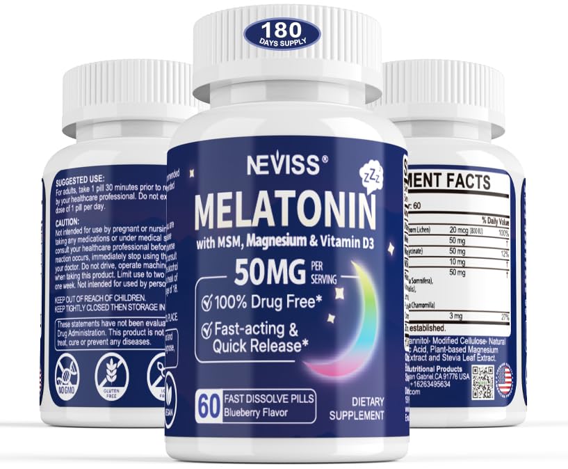 メラトニン大人のための50mg - 余分な強さ9-in-1の速い分解のSublingual - w/Vitamin D3及びMSMの弛緩の草のブレンド-Ashwagandha、レモン バルム、パッションフラワー、Chamomile、砂糖は、ビーガン180のサービングを放します