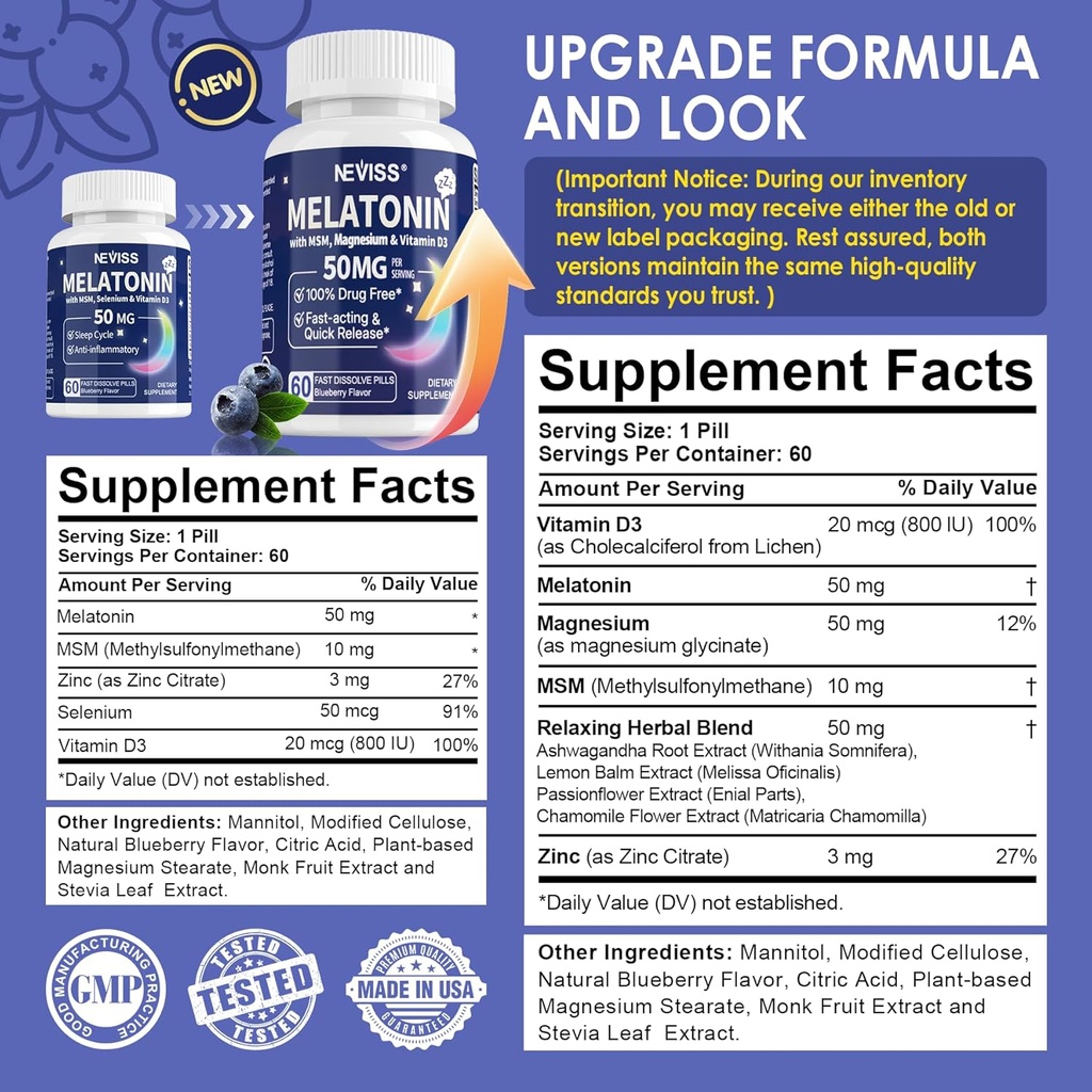 Melatonin 50 mg for Adults - Extra Strength 9-in-1 Fast Dissolve Sublingual - w/Vitamin D3 & MSM, Relaxing Herbal Blend-Ashwagandha, Lemon Balm, Passionflower,Chamomile,Sugar Free, Vegan 180 Servings