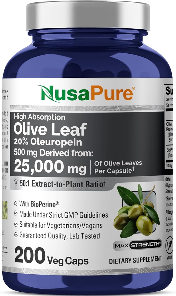 NusaPure オリーブリーフ 20% Oleuropein 50:1 抽出物, 500 25,000 mg 200 Veg 菜食主義者やビーガンに適したキャップ, 非GMO