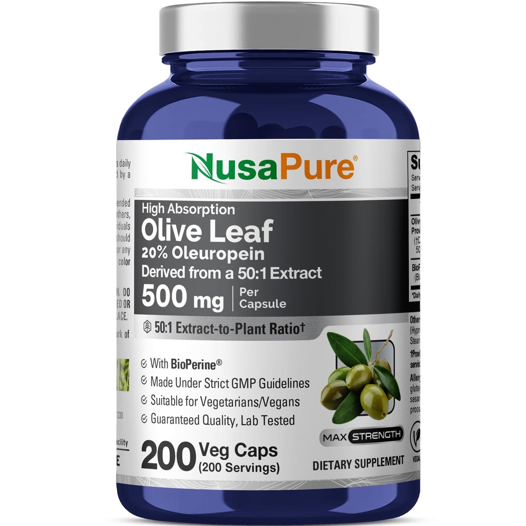 NusaPure オリーブリーフ 20% Oleuropein 50:1 抽出物, 500 25,000 mg 200 Veg 菜食主義者やビーガンに適したキャップ, 非GMO