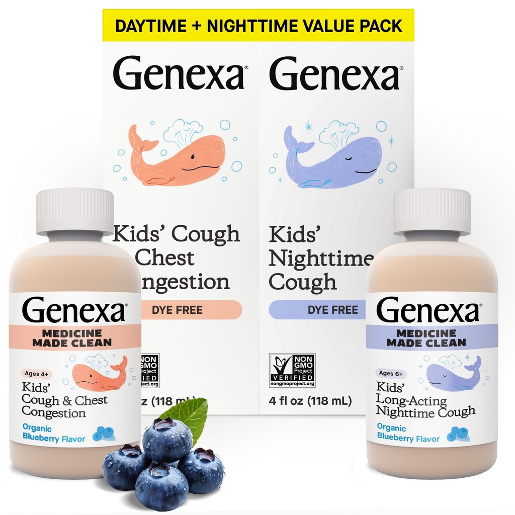 Genexaの子供のきれいな日及び夜咳の薬、染料は、0%の人工的な添加物、子供の咳、箱の混雑、Rannyの鼻及び緩和の年齢6+の有機性ブルーベリーの味、8のflのoz (2のパック)放します