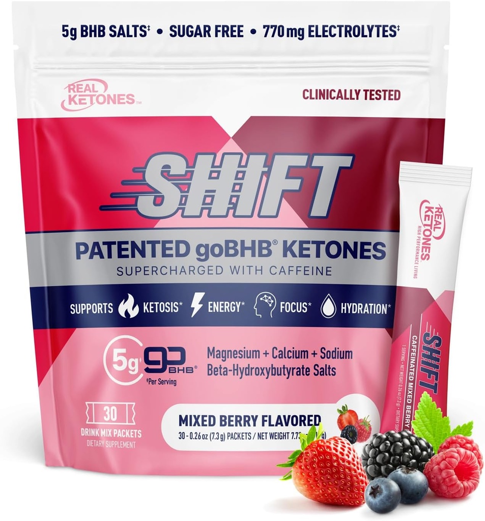Real Ketones BHB Exogenous Ketones Drink Mix Packets Keto Electrolytes Powder Packets No Sugar with 4 Main Fasting Electrolytes Plus Hydrating Patented Keto BHB - 30 Count Mixed Berry Caffeine