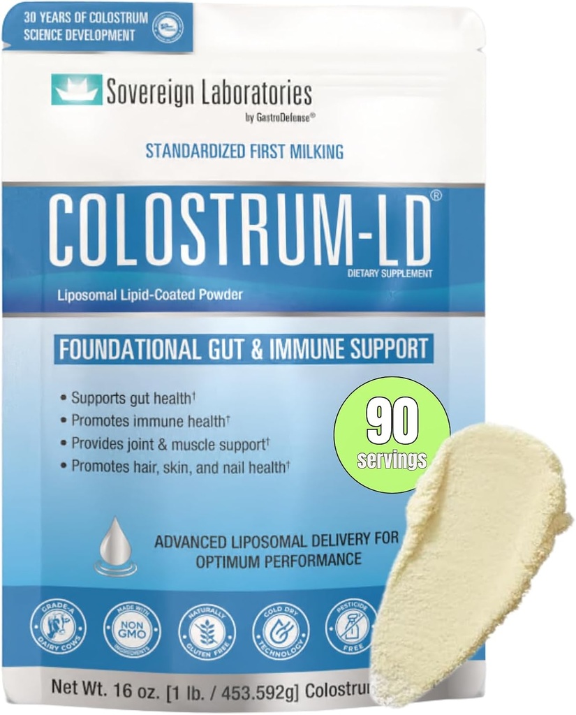 Sovereign Laboratories Colostrum-LD Liposomal Delivery - Colostrum Powder - Gluten-Free、Lactose-Reduced - 90サービング16oz Plain