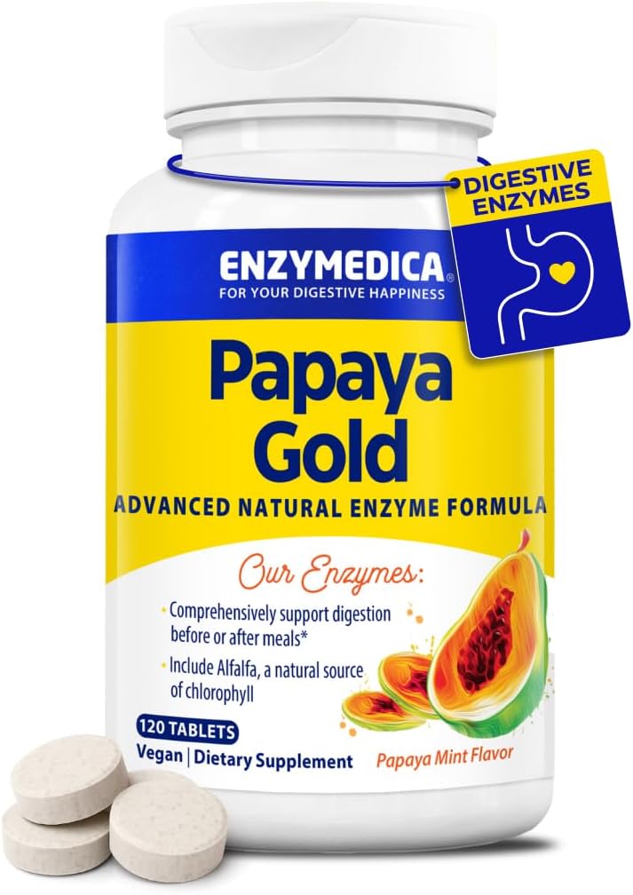 Enzymedica Papaya Gold, Advanced Digestive Enzymes with Natural Organic Papaya & Chlorophyll for Comprehensive Digestion Support, High Potency Bromelain & Papain, Vegan, Mint, 120 Chewable Tablets
