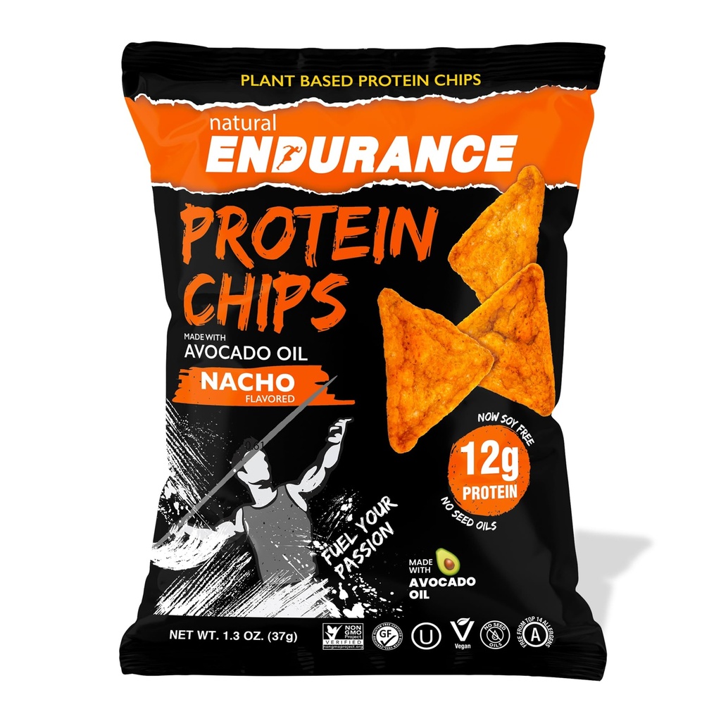 Natural Endurance Protein Chips - Healthy Low Carb Chips, 12g of Protein per Bag, Non GMO, Made with Avocado Oil, Vegan, Nut Free, On the Go Snack - Vegan Nacho Flavor, 1.38 oz Bags (Pack of 8)