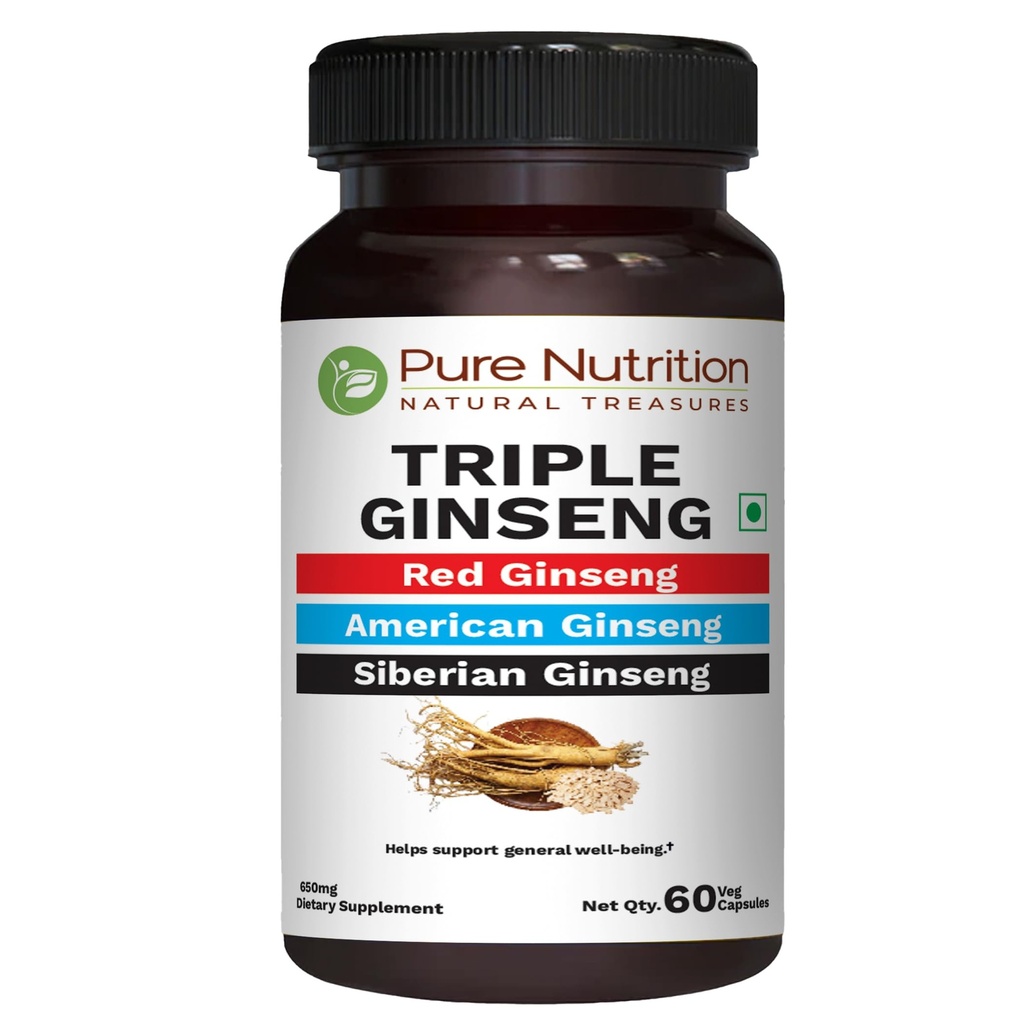 純粋な栄養トリプルGinseng - 赤いGinseng、アメリカのGinsengとシベリアGinsengのユニークで効果的な組み合わせ。 カプセル当たり790mg | 60ベジキャップパック