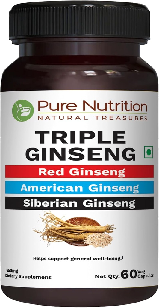 Pure Nutrition Triple Ginseng - an Unique and Effective Combination of Red Ginseng, American Ginseng and Siberian Ginseng. 790mg per Capsule | 60 Veg Caps Pack