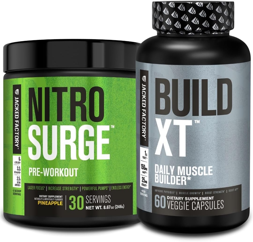 Jacked Factory Nitrosurge Pre-Workout in Pineapple & Build XT Muscle Building Bundle for Men & Women