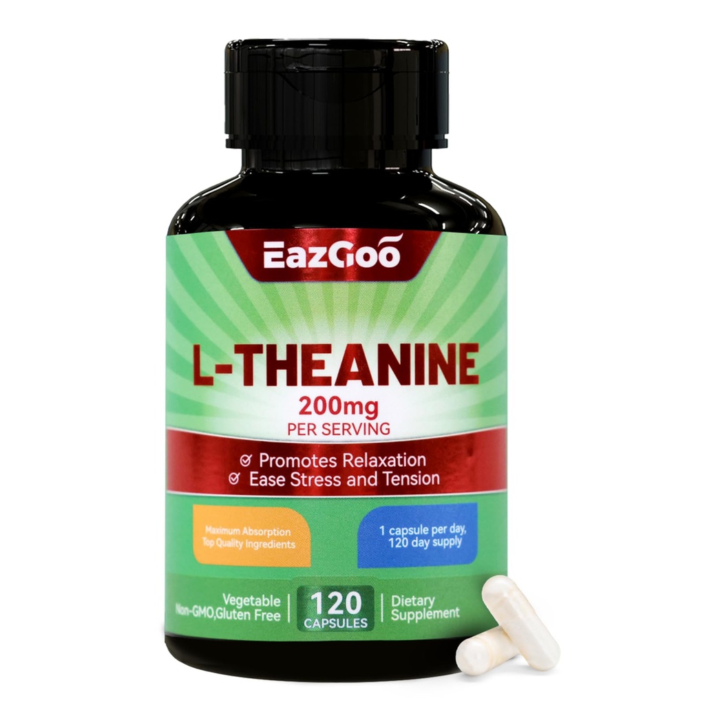 L-テアニン200mg、リラックス、ストレス、Lテアニンカプセルをサポートするアミノ酸サプリメント - 非GMO、グルテンフリー、120ベジーカプセル