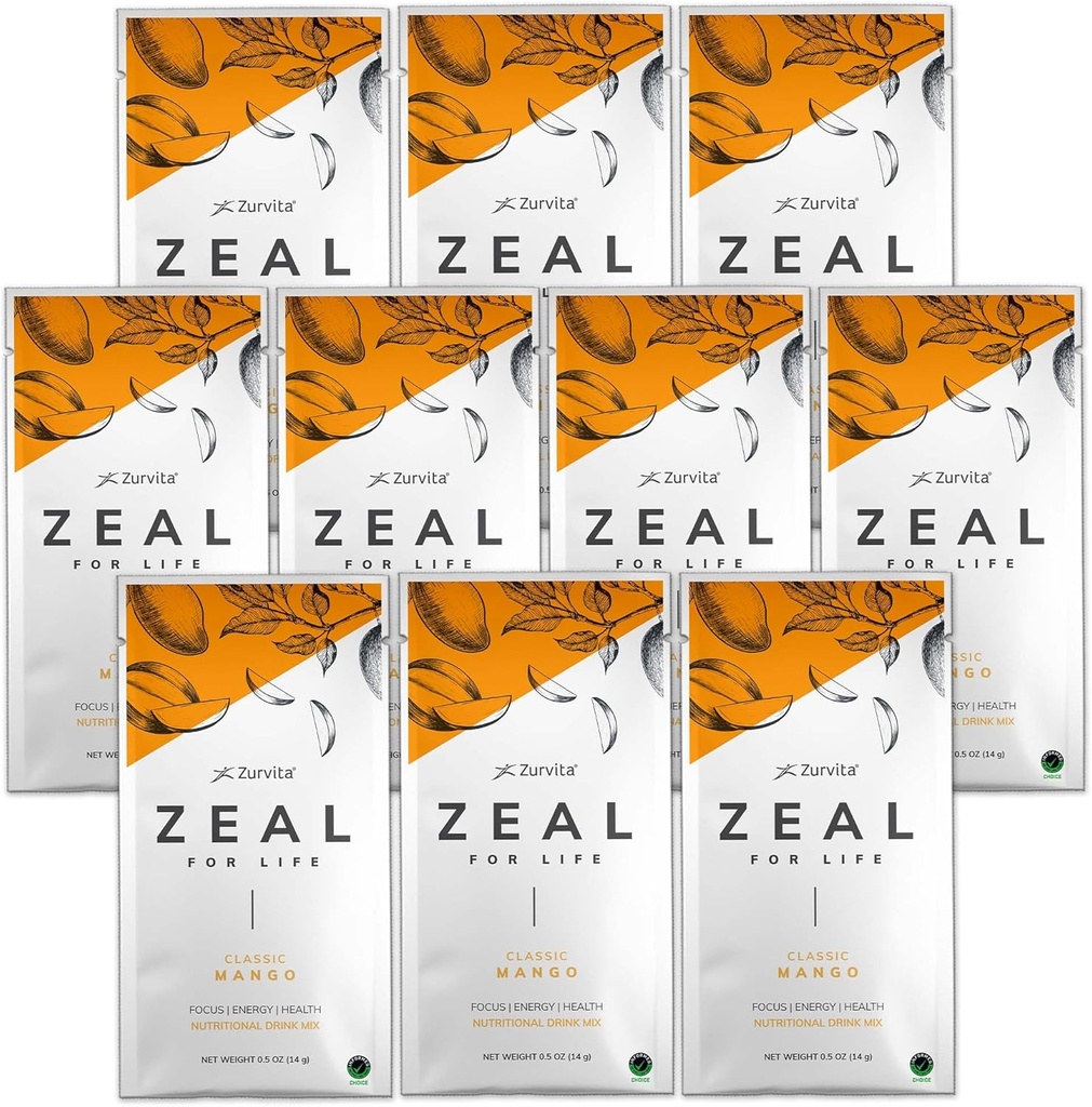 Zurvita - ライフウェルネスドリンクミックスのためのZeal - クラシックマンゴーフレーバー - グルテンフリー、ビーガン、ビオチン、ビタミン、健康のためのミネラル - 10パケット