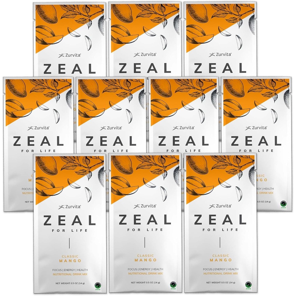 Zurvita - ライフウェルネスドリンクミックスのためのZeal - クラシックマンゴーフレーバー - グルテンフリー、ビーガン、ビオチン、ビタミン、健康のためのミネラル - 10パケット