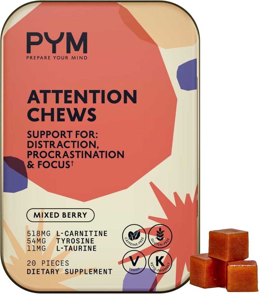 PYM の保持の咀嚼は Procrastination、焦点及び生産性、20 の計算のために支えます | 518mg L カルニチン、54mg のチロシン、11mg L タウリン、カフェイン なし | 米国でなされる全自然な気分のブーストの補足