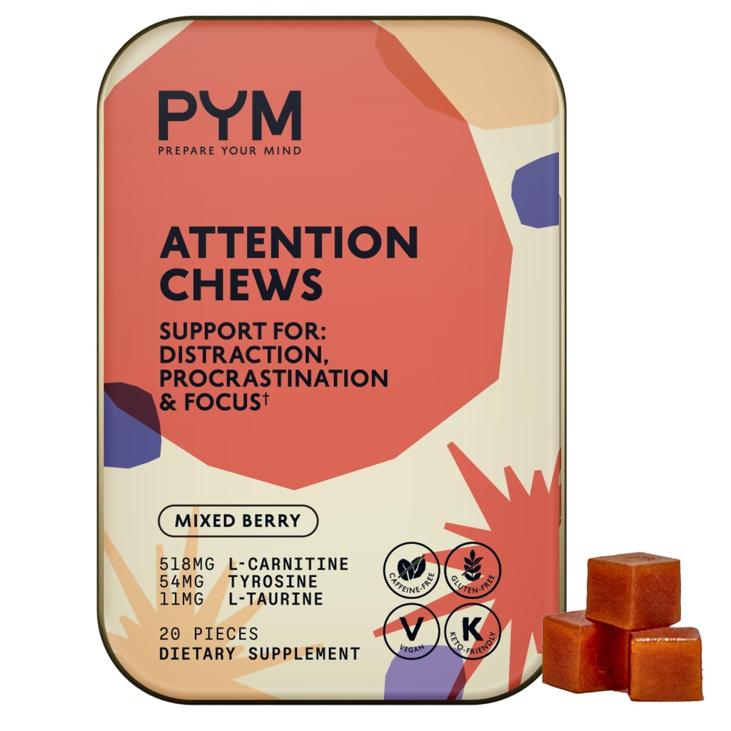 PYM の保持の咀嚼は Procrastination、焦点及び生産性、20 の計算のために支えます | 518mg L カルニチン、54mg のチロシン、11mg L タウリン、カフェイン なし | 米国でなされる全自然な気分のブーストの補足