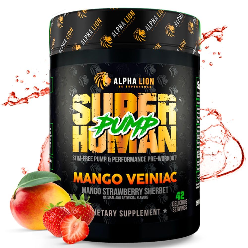 ALPHA LIONのSuperhumanポンプ前ワークアウトの粉、Nootropic Caffeine及び刺激の自由なプレワークアウトの補足、Nitric酸化物ブースター、筋肉利益者、エネルギー及び焦点(42のサービング、マンゴのVeiniacの味)