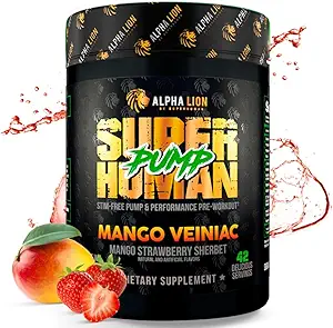 ALPHA LION Superhuman Pump Pre Workout Powder, Nootropic Caffeine & Stim Free Preworkout Supplement, Nitric Oxide Booster, Muscle Gainer, Energy & Focus (42 Servings, Mango Veiniac Flavor)