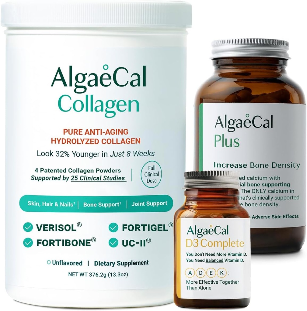 ALGAECALカルシウム、ビタミンD3&コラーゲンバンドル - 臨床的にサポートされているVerisol、Fortibone&Fortigel、プラスカルシウム、ビタミンADEK、および骨の健康とアンチエイジングのためのトレースミネラルと加水分解コラーゲン